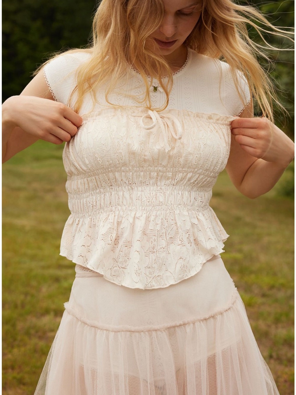Urban Outfitters Cream Lace Smocked Peplum Camisole